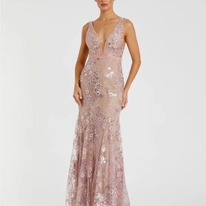Mac Duggal Pink Floral Embellished Sleeveless Plunge Neck Gown
